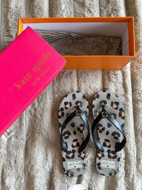 kate spade Beige Leopard Print Flip Flops with Black Straps